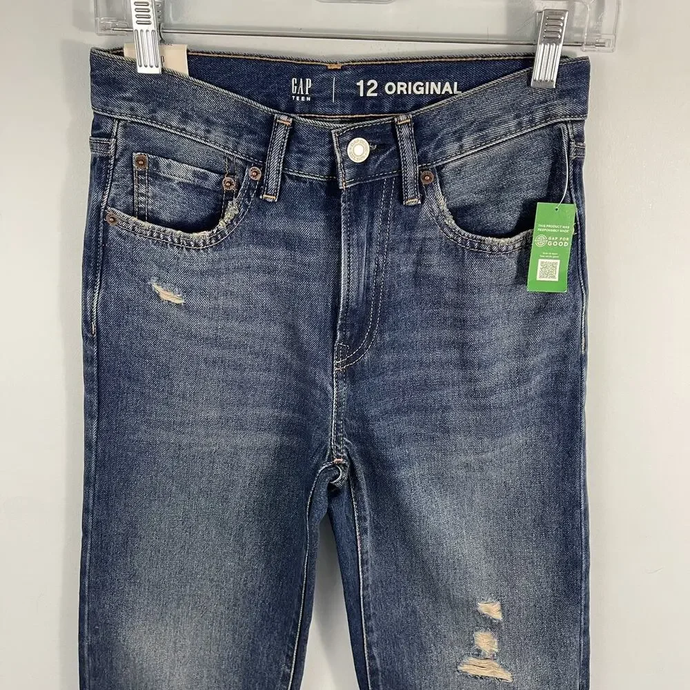 NWT Gap Teen Boys Size 12 Original Fit Jeans Blue‎ Straight Leg Distressed